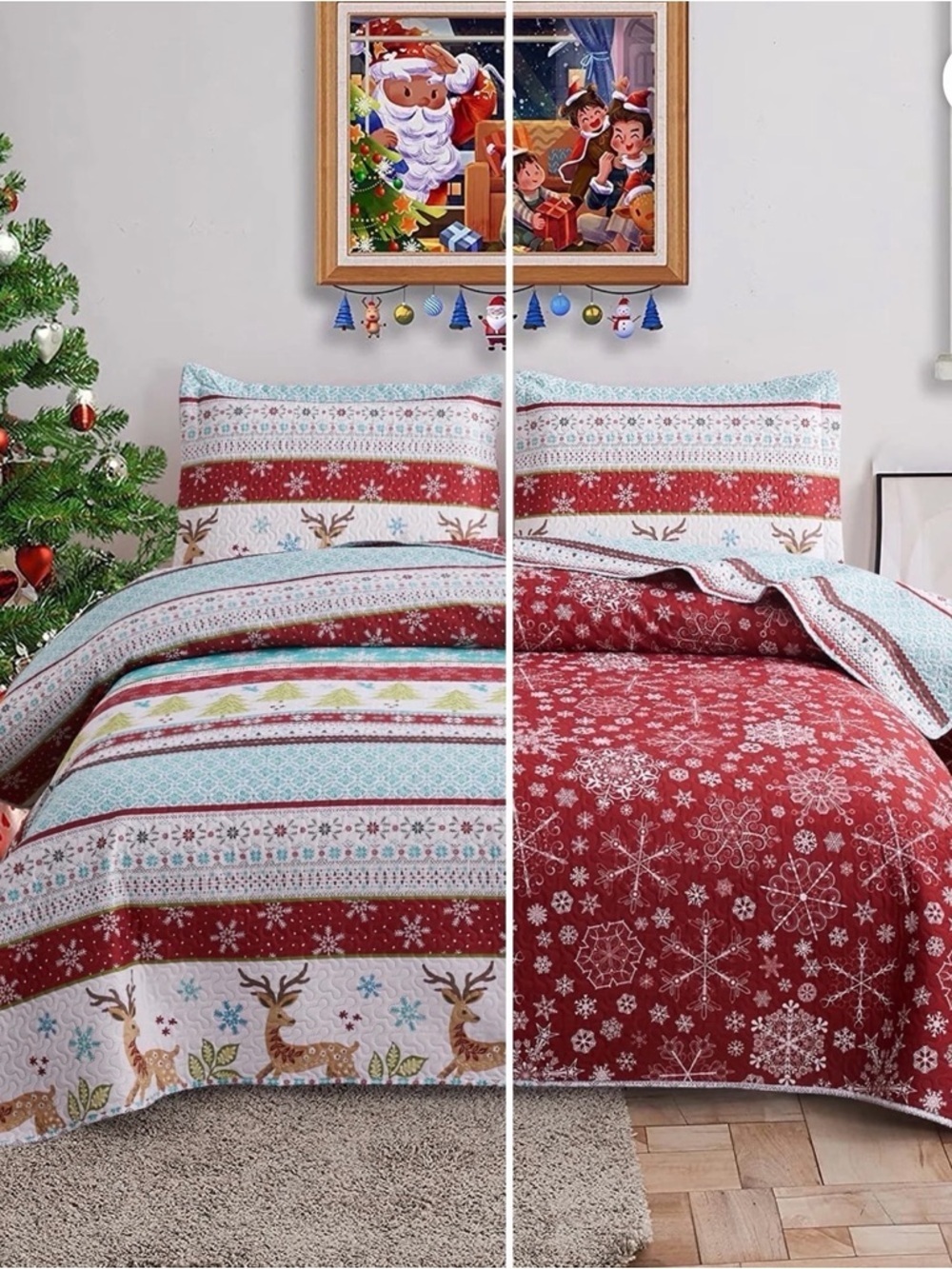 Reversible Holiday Quilt Set in Red and Multi